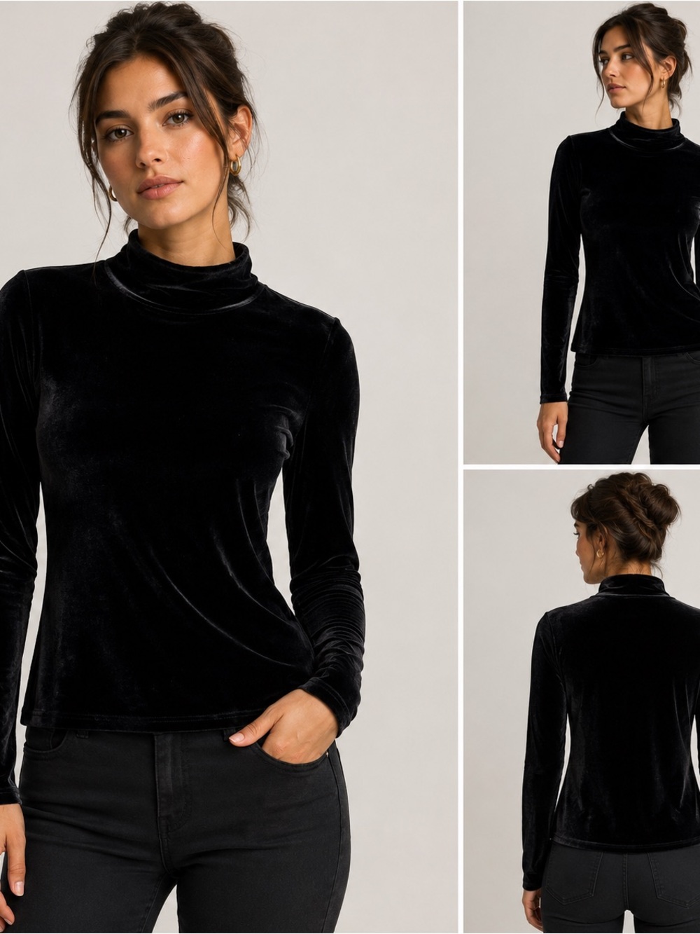 Kathy Ireland Black Velvet Mock Neck Long-Sleeve Top